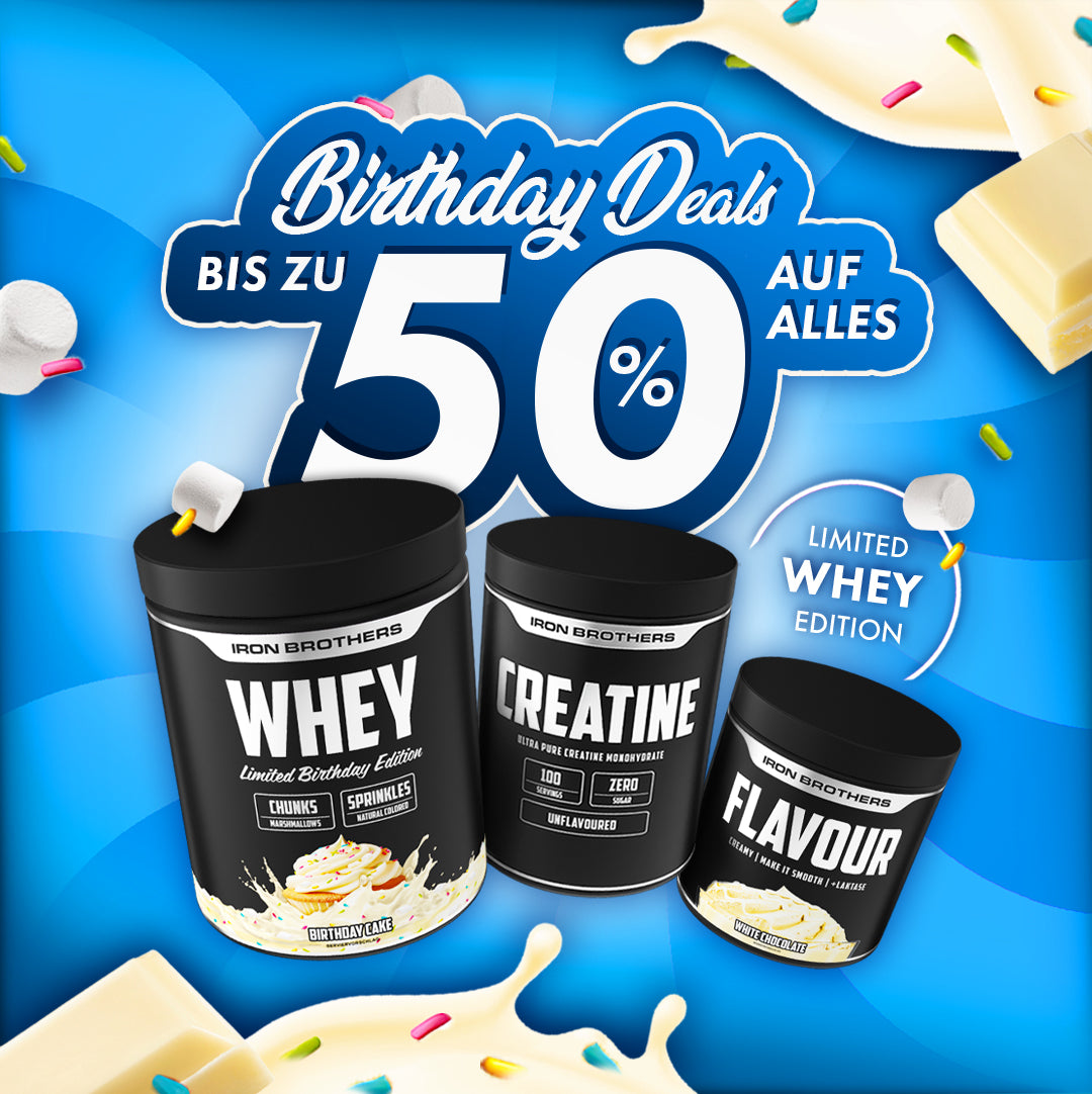 Birthday Deals - bis zu 50% sparen nur bei Iron Brothers - Limited Birthday Whey mit Birthday Cake Geschmack - Sportnahrung und Supplements Made in Germany