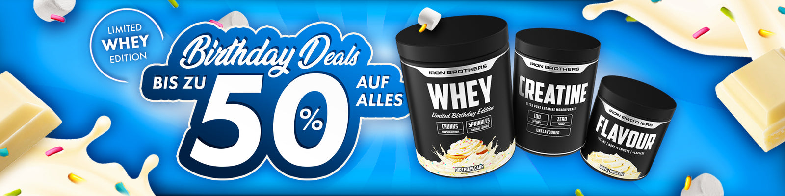 Birthday Deals - bis zu 50% sparen nur bei Iron Brothers - Limited Birthday Whey mit Birthday Cake Geschmack