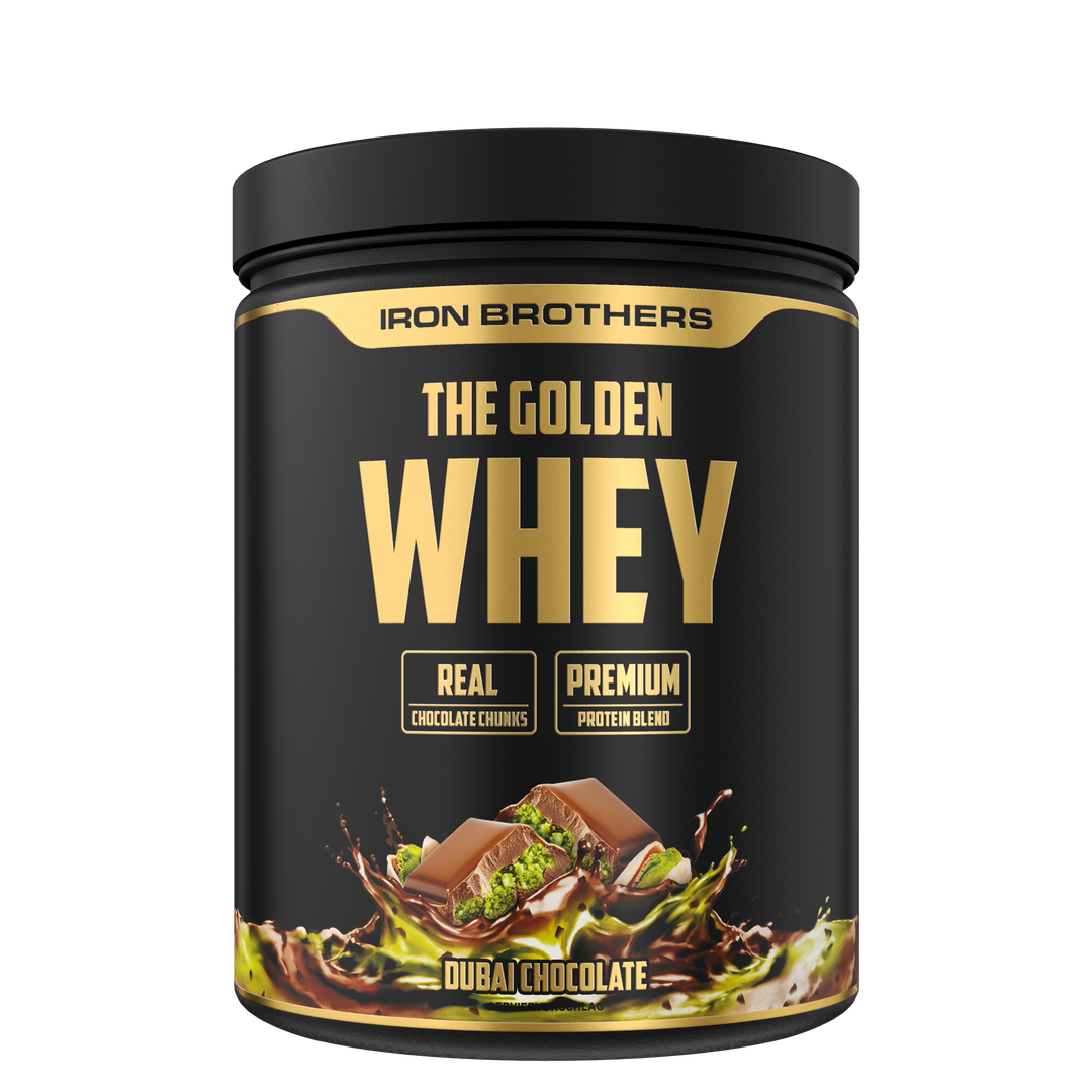 The Golden Whey von Iron Brothers mit Dubai Chocolate Flavour - Dubai Schokoladen Geschmack - Whey Protein mit Pistazie Schoko