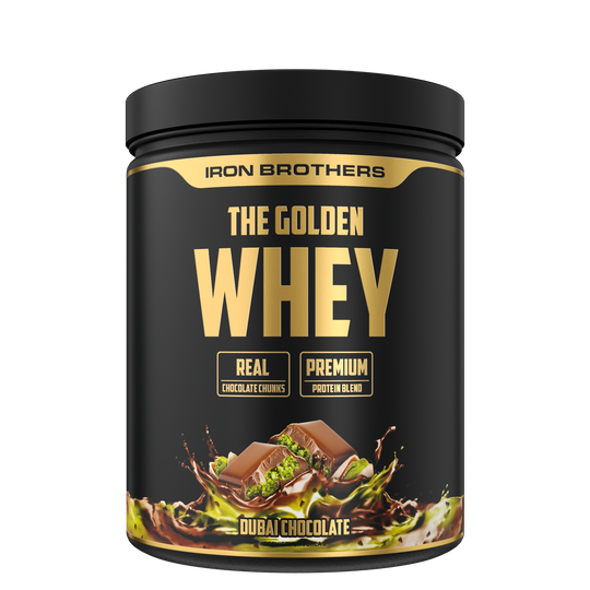 The Golden Whey von Iron Brothers mit Dubai Chocolate Flavour - Dubai Schokoladen Geschmack - Whey Protein mit Pistazie Schoko