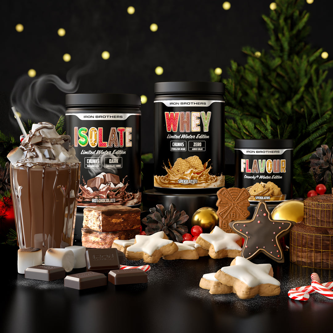 Festlicher Geschmack für deine Fitness - Whey Protein Isolate Winter Edition von Iron Brothers - Isolate Protein mit Hot Chocolate und Zimtstern Geschmack